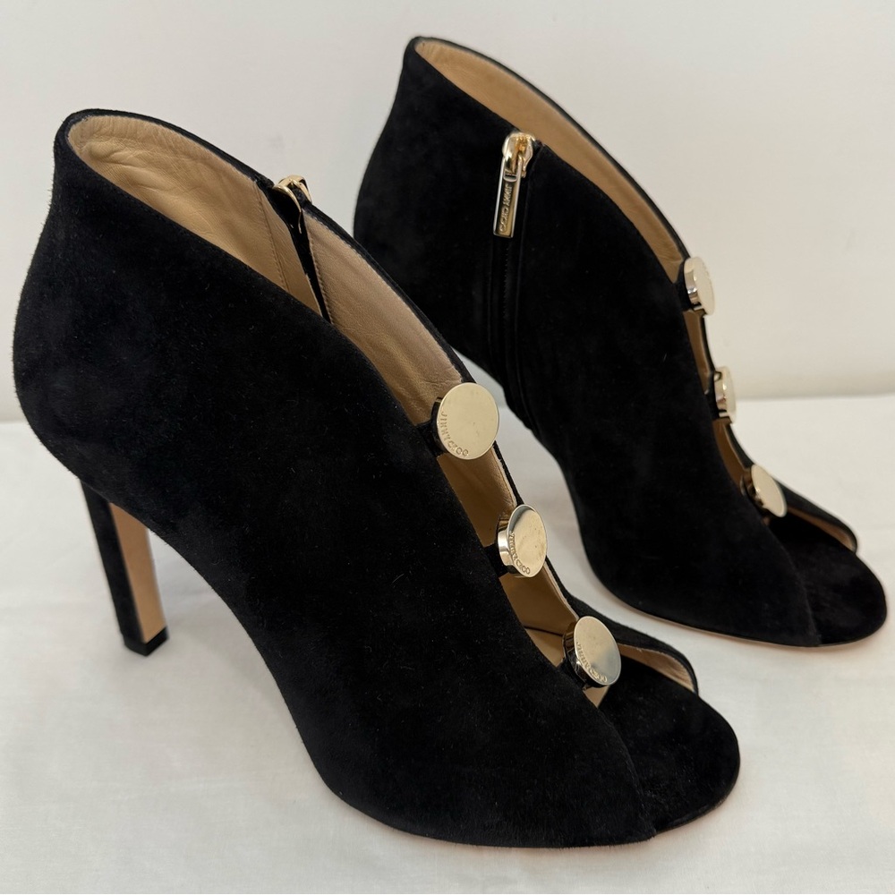 Jimmy Choo Black Peep Toe Heels with Gold Accents